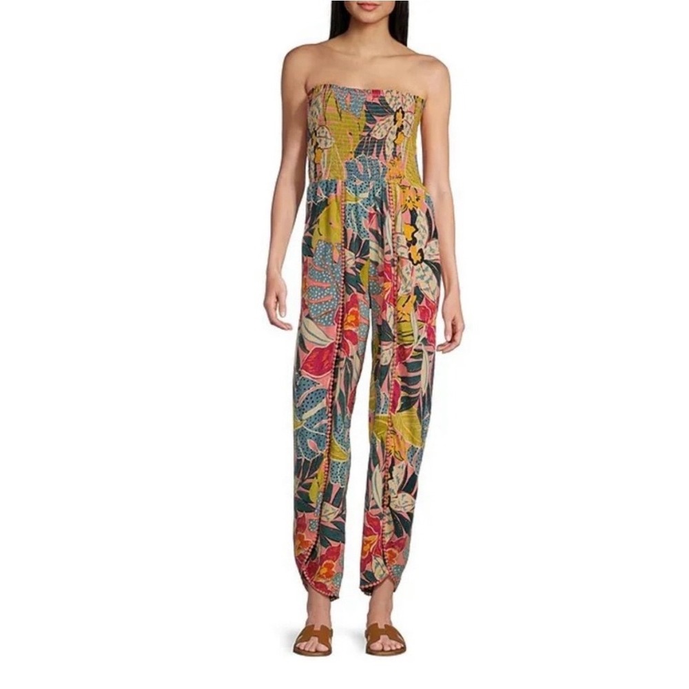 Angie Tropical Floral Smocked Strapless Jumpsuit Tulip Leg Pom Pom Trim Small